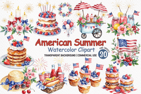 American Summer Watercolor Clipart PNG: Elevate Your Patriotic Designs