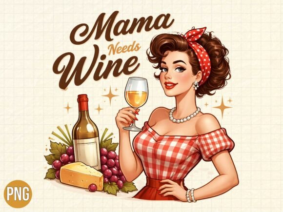 Sarcastic Retro Mama Needs Wine PNG: A Design Asset