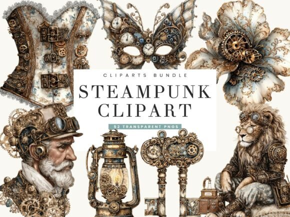 Watercolor Steampunk Clipart Bundle: Merging Vintage Mechanics with Modern Design