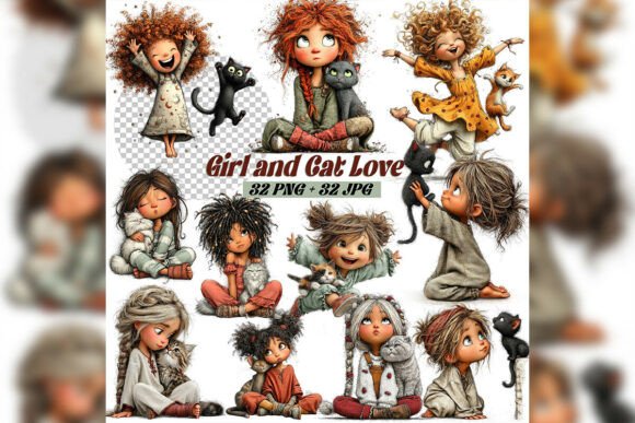 Whimsical Girl Cat Love Clipart Set: Elevating Digital Design with Watercolor Warmth